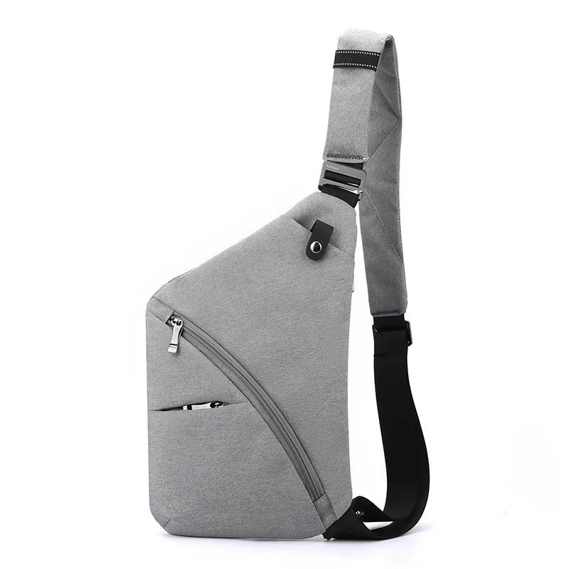 Men's grey oxford cloth chest bag with letter accents and single shoulder strap
