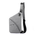 Men's grey oxford cloth chest bag with letter accents and single shoulder strap