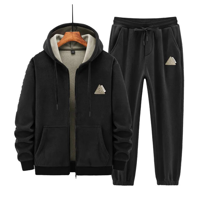 Men's grey hooded cashmere sweater and cotton pants sportswear suit laid flat