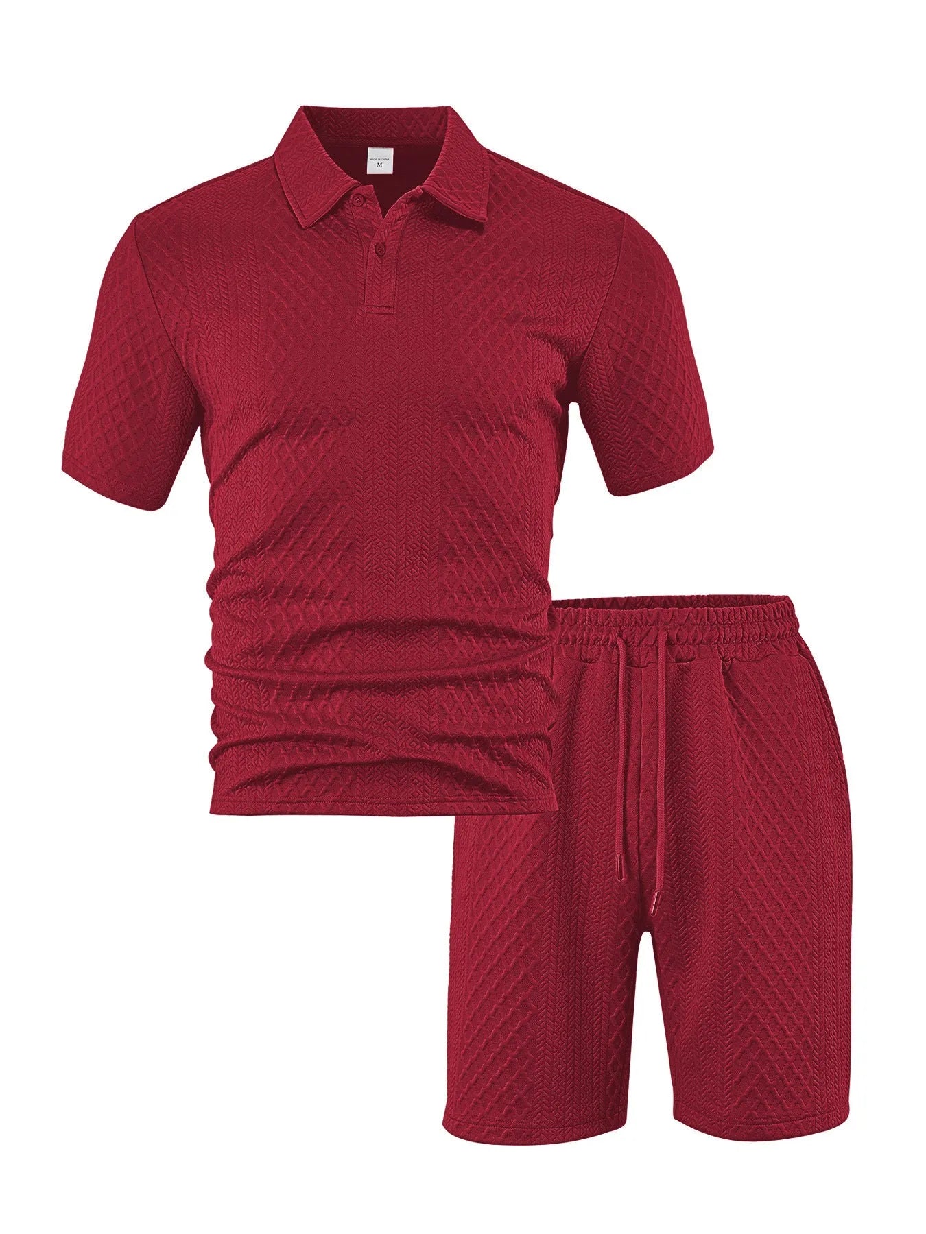 Men's figured cloth casual suit set with short sleeve polo shirt and matching trousers in multiple colour options