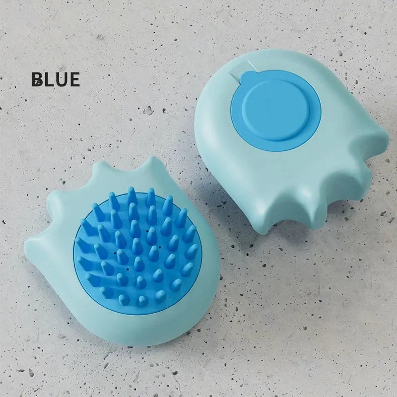 Blue pet bath brush with shampoo reservoir measuring 9cm long with four massage nodes