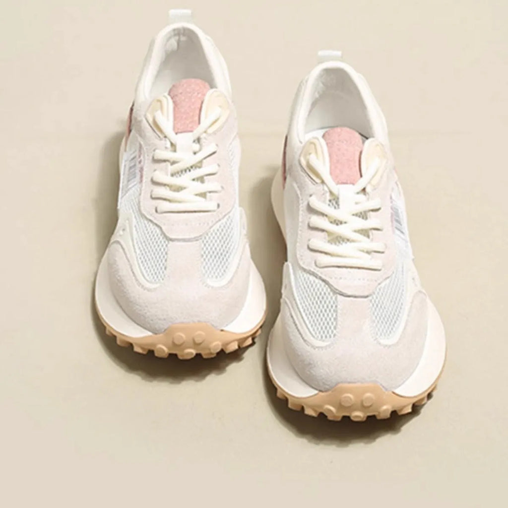 Women's grey and pink retro low-top sneaker with round toe and rubber sole