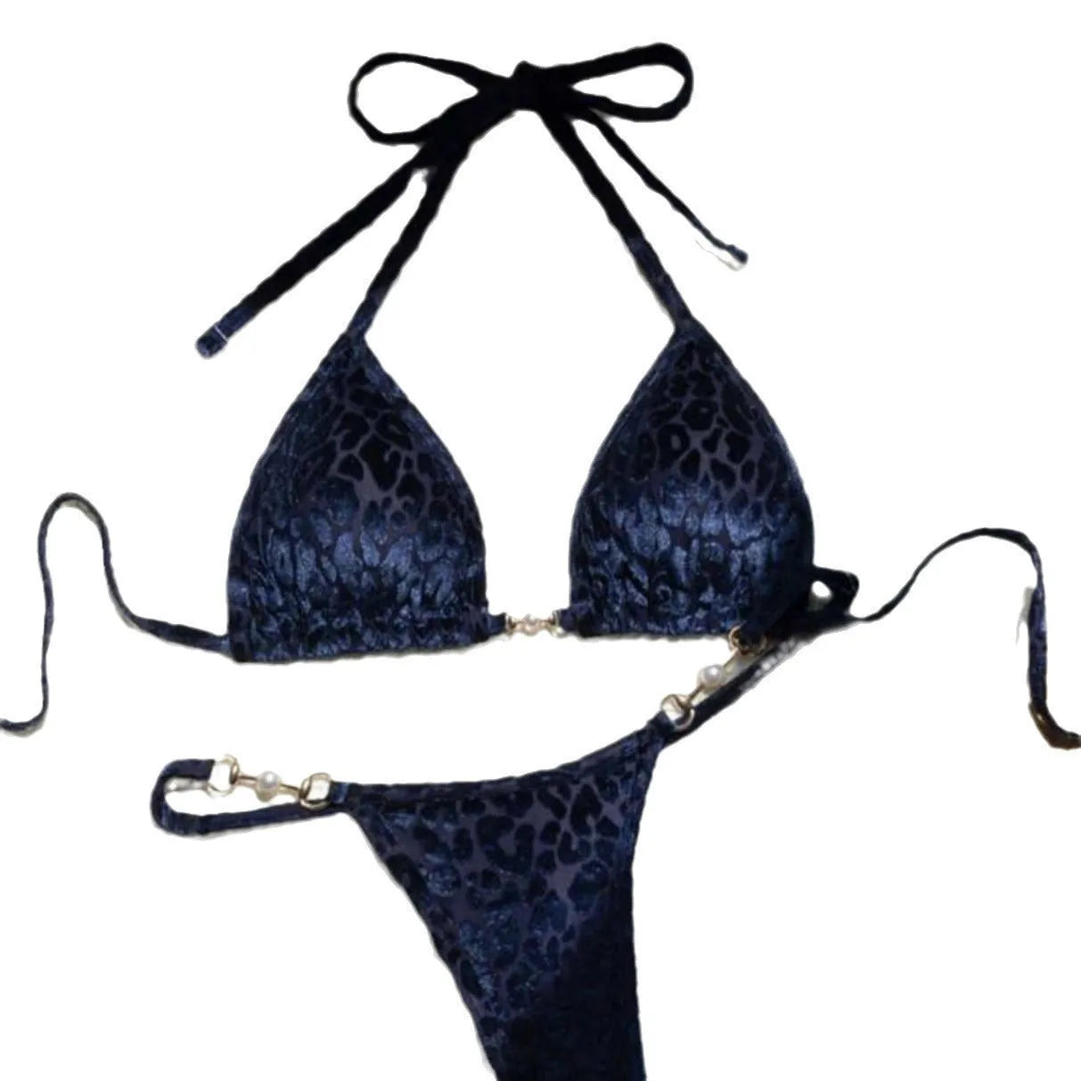 Women's leopard print bikini set with T-back design in multiple colour variations