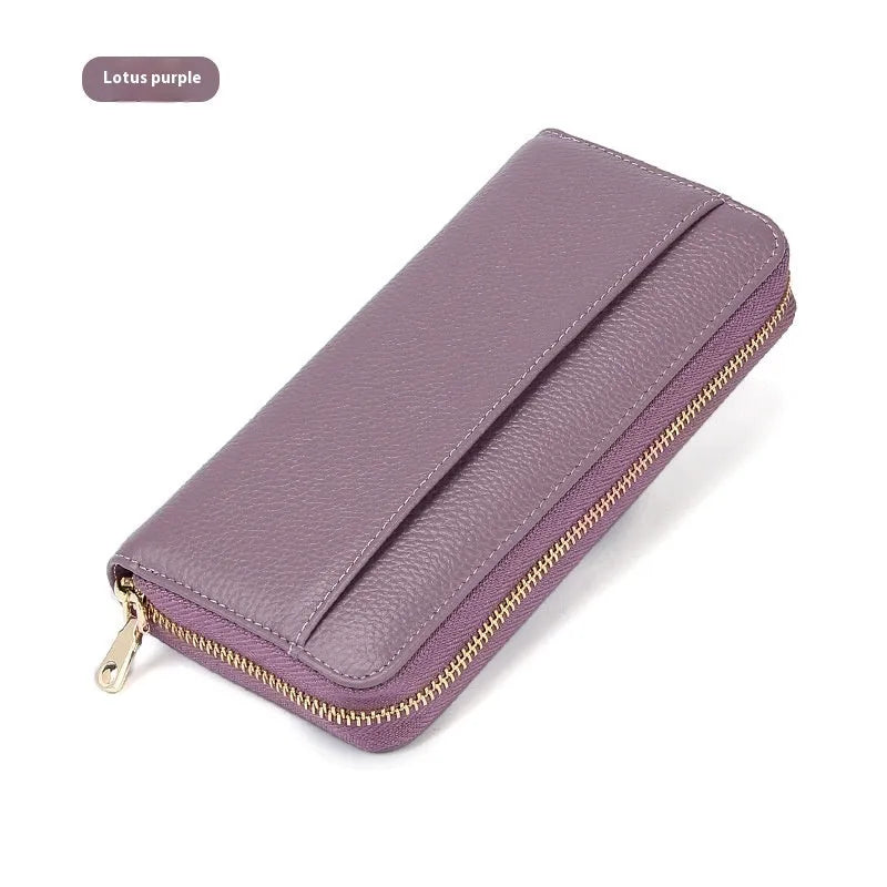 Long genuine leather women's wallet in six colours with anti-theft card swiping feature