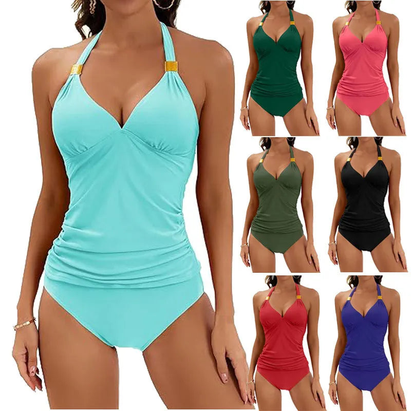 Women's solid colour halter top two-piece swimsuit with split tie and briefs in milk silk polyester