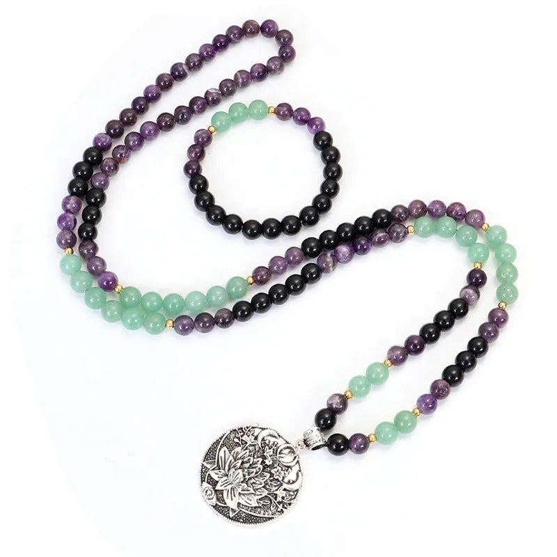 Dongling Long handmade stone bead yoga necklace with geometric lotus pendant and matching bracelet