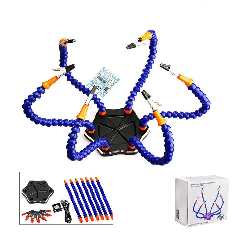 Black aluminium alloy six-claw welding station with multiple adjustable arms for model repair