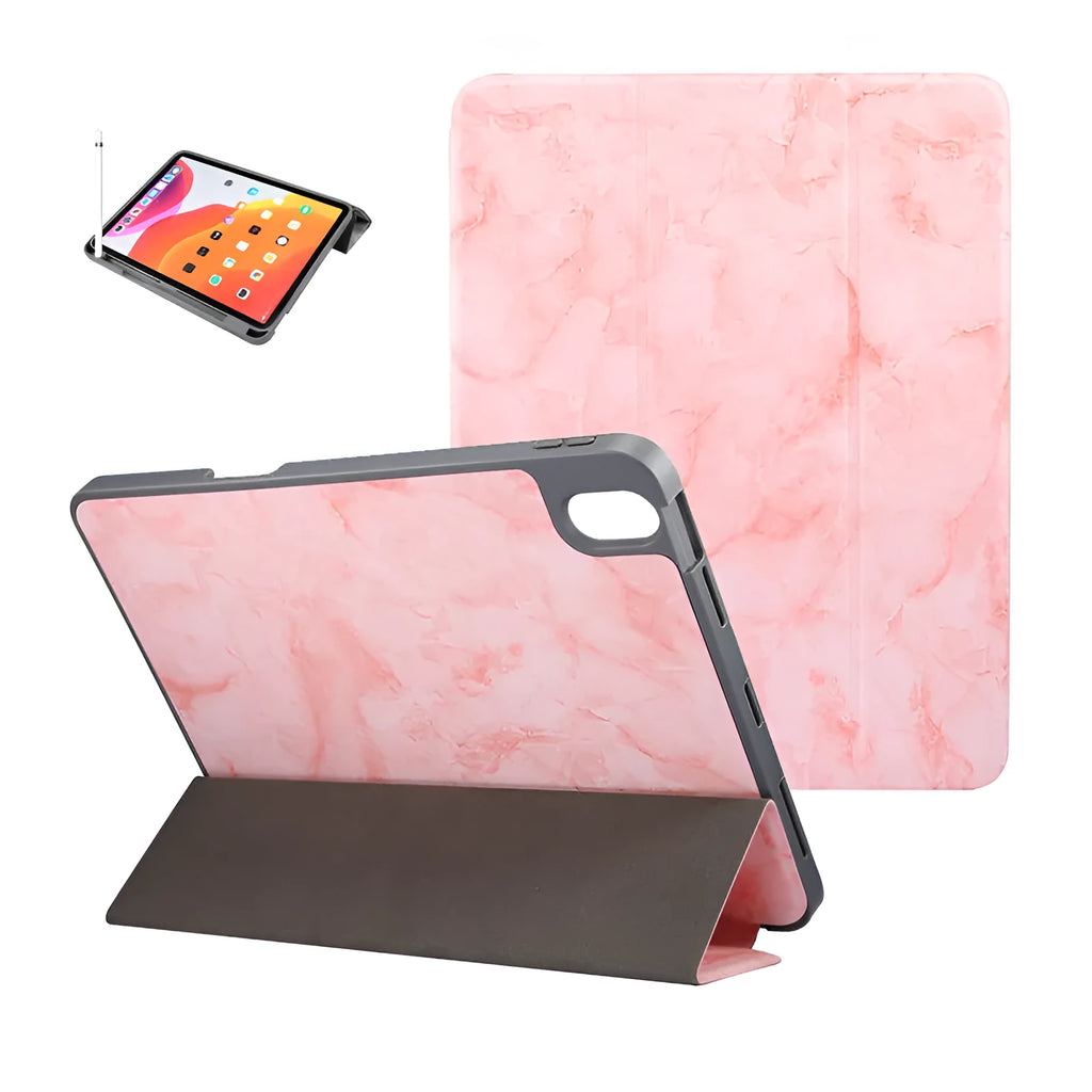 Tri-fold marbling imitation leather iPad case with a stylus pen slot in dark grey