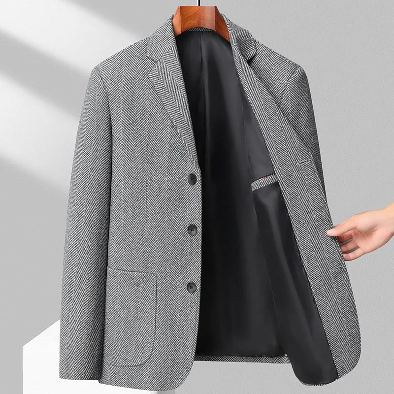 Men's loose fit woolen coat in a solid colour, shown on a model for casual spring or autumn wear.