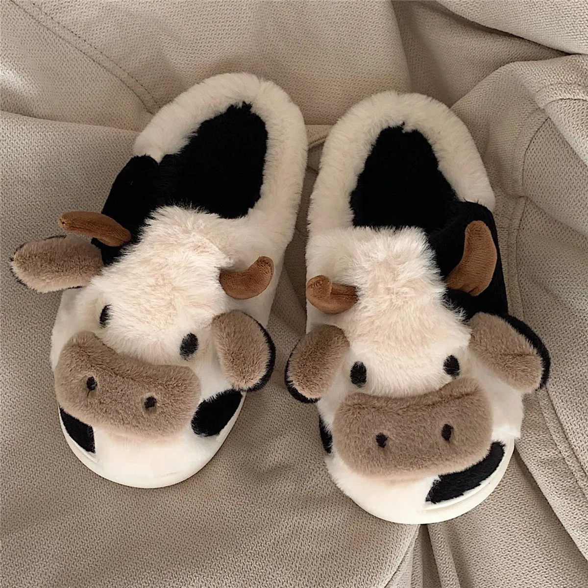 White cartoon cow plush slippers with anti-slip PVC soles for women