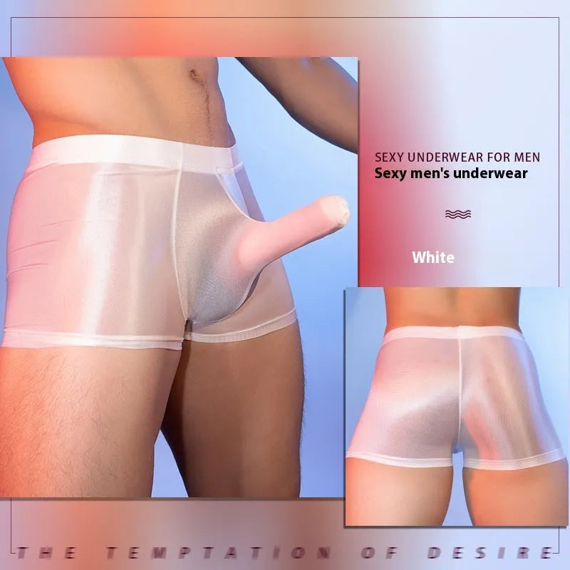 Seamless men's boxers in red nylon fabric with mid waist and elephant nose pouch design.
