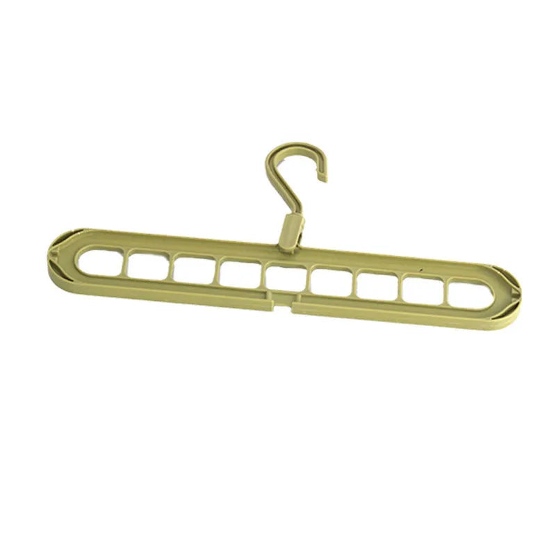 Foldable plastic hanger with nine holes for hanging trousers, shown in a choice of colours.