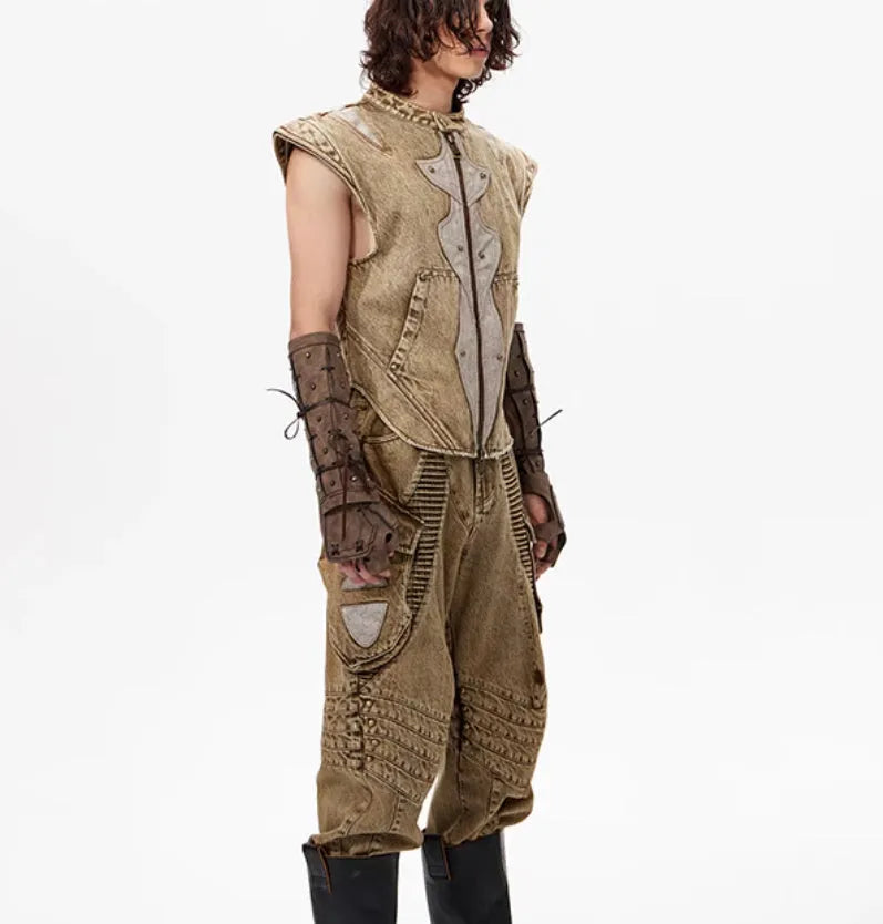 Summer Dark Knight pleated denim vest in cotton fabric, water-wash finish, shown in picture colour