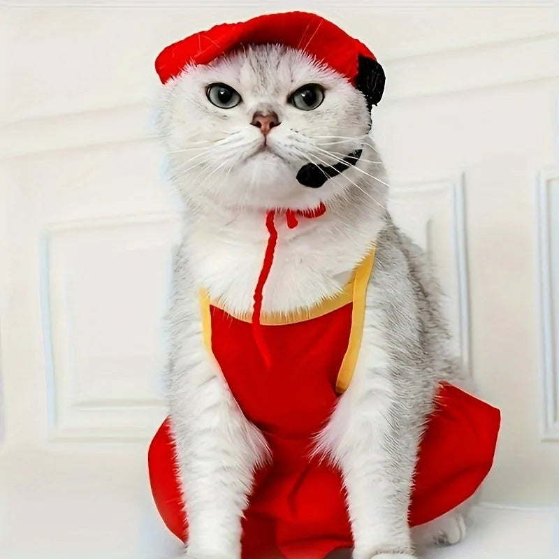 Handmade cotton knitted sweater and chef hat outfit for a small cat wearing a birthday costume.