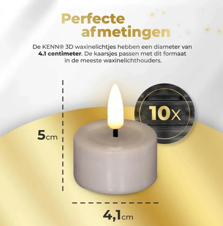 Four taupe-coloured LED tealight candles with realistic 3D flame effect on wooden surface
