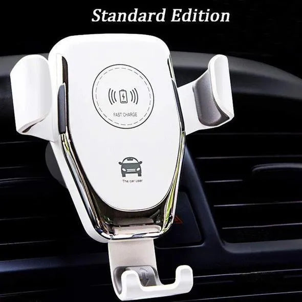 Black car wireless charger mounted on a vent, holding an iPhone with automatic clamping arms visible.