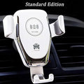 Black car wireless charger mounted on a vent, holding an iPhone with automatic clamping arms visible.