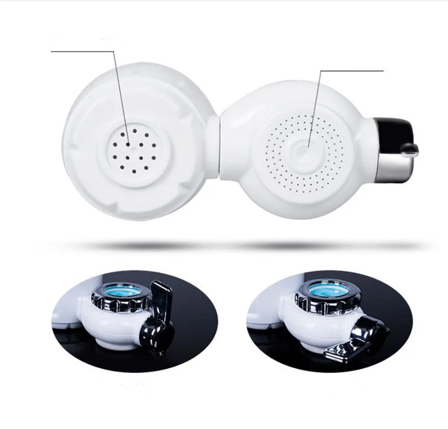 White plastic kitchen tap water filter with ceramic cartridge and installation adapters