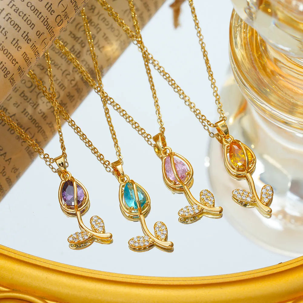 Zircon tulip necklace with adjustable titanium steel chain and copper-plated gold pendant