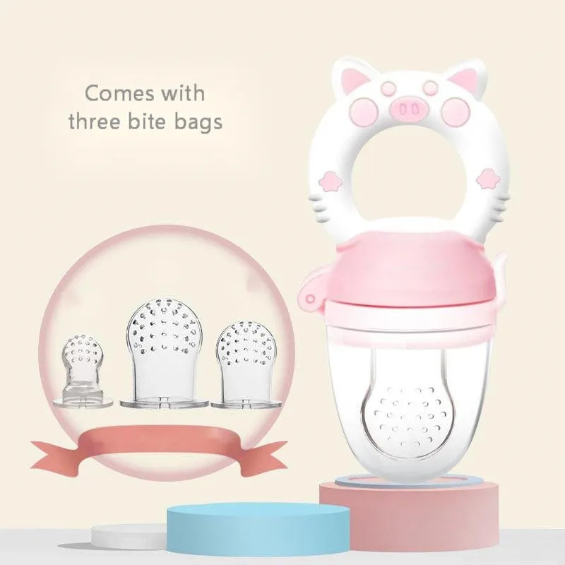Soft silicone baby teether in blue, green, or pink colour options.