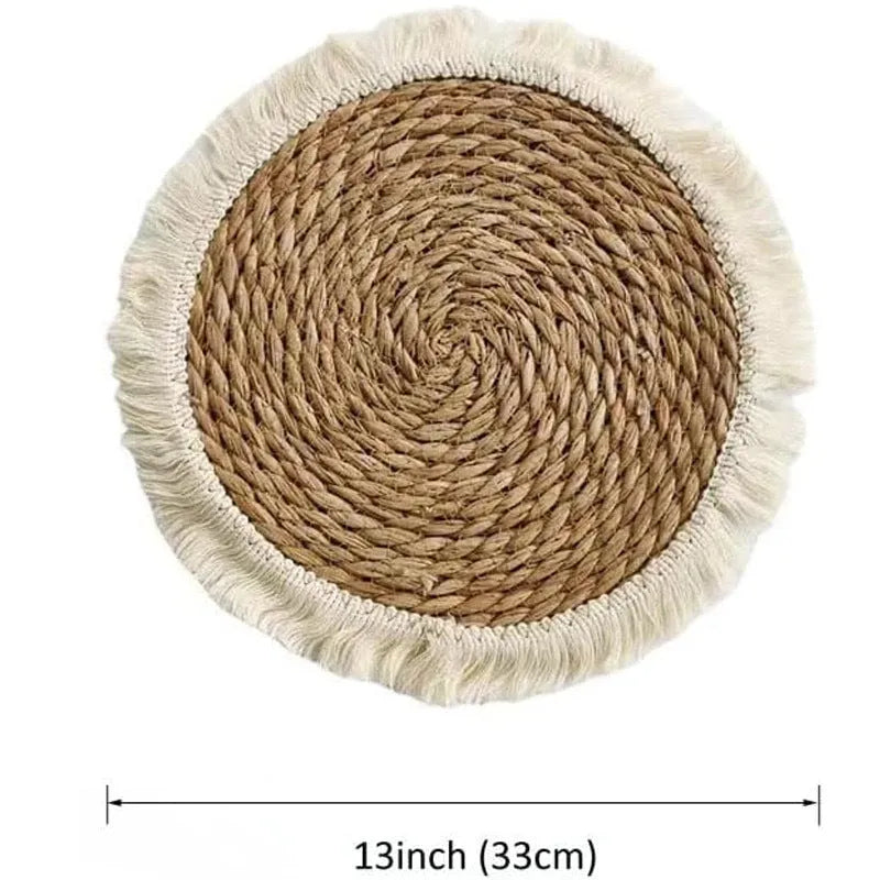 Round papyrus straw placemat with corn rope tassel detailing in modern simplicity style
