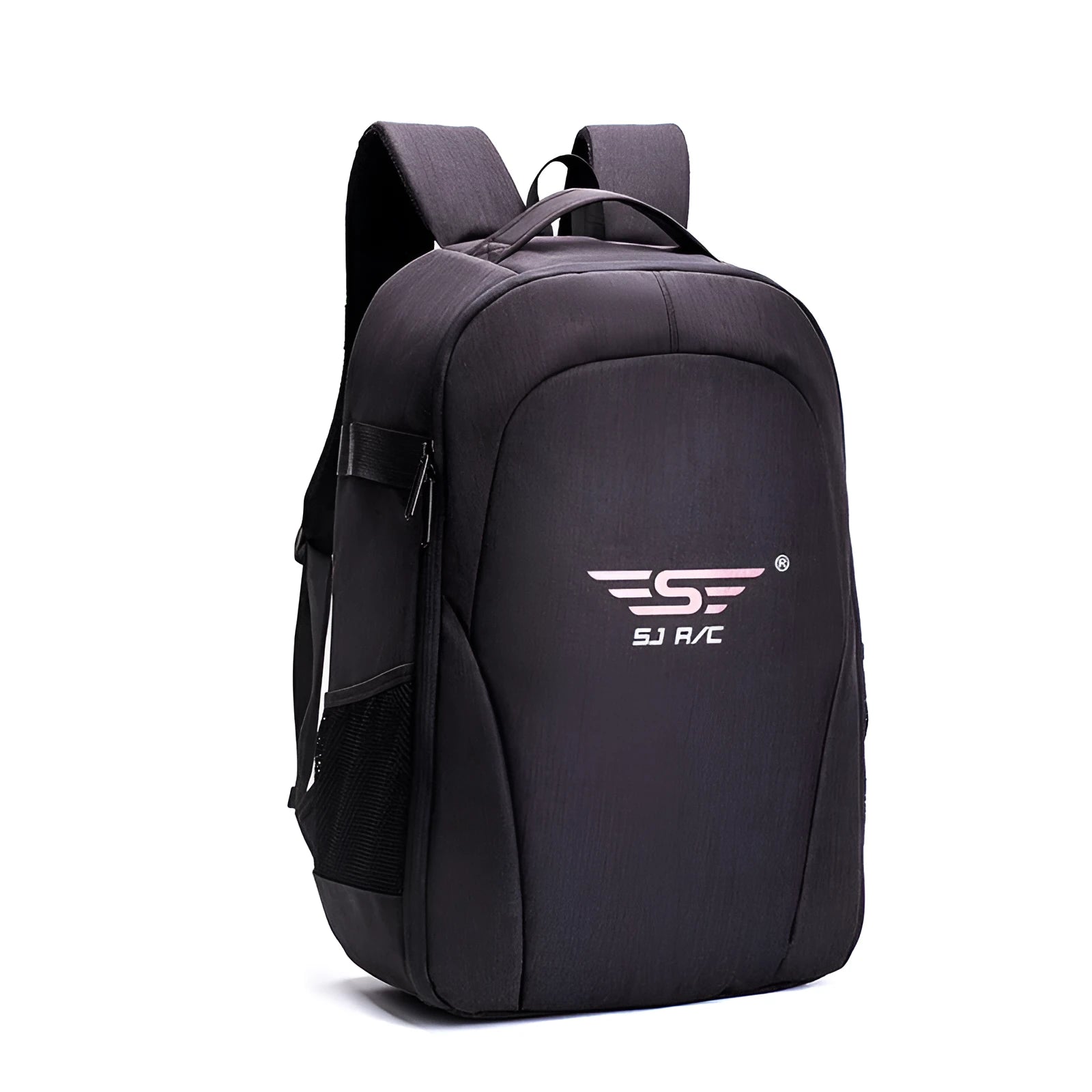 Large black Oxford fabric drone backpack showing multiple internal organiser pockets for laptop and camera.
