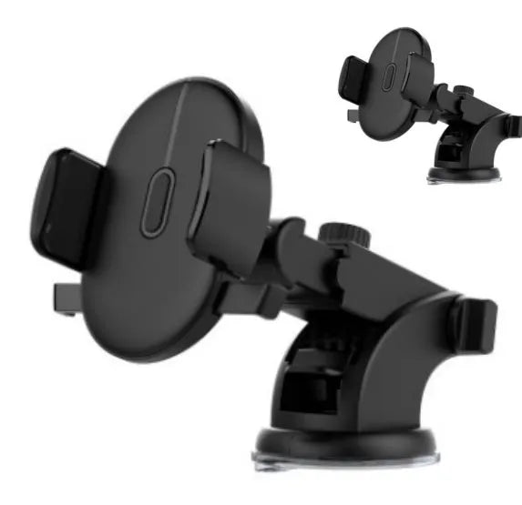Yellow and black telescopic car phone holder with suction cup mount extended on dashboard