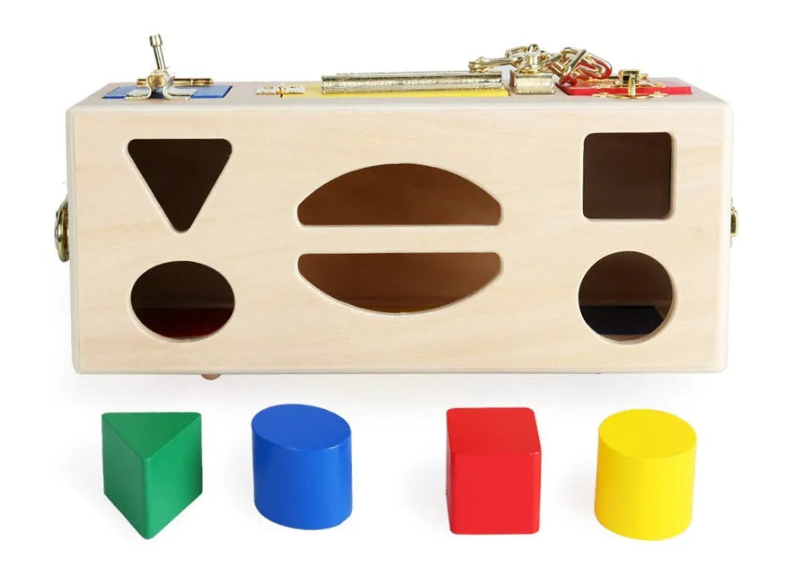 Wooden educational shape lock box preschool toy with 12 matching pieces