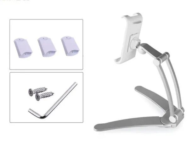 Silver aluminium alloy desktop tablet stand holding a tablet at an adjustable angle with a white mounting base.