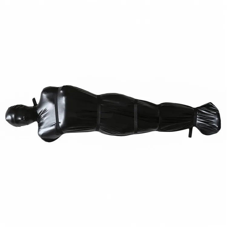 Black patent leather all-inclusive nostril clothing set with six ratchet tie down straps for BDSM restraint