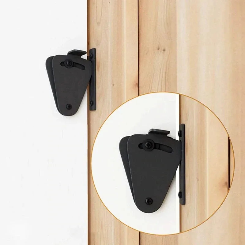 Black stainless steel sliding barn door lock shown in S and M sizes for different door gaps