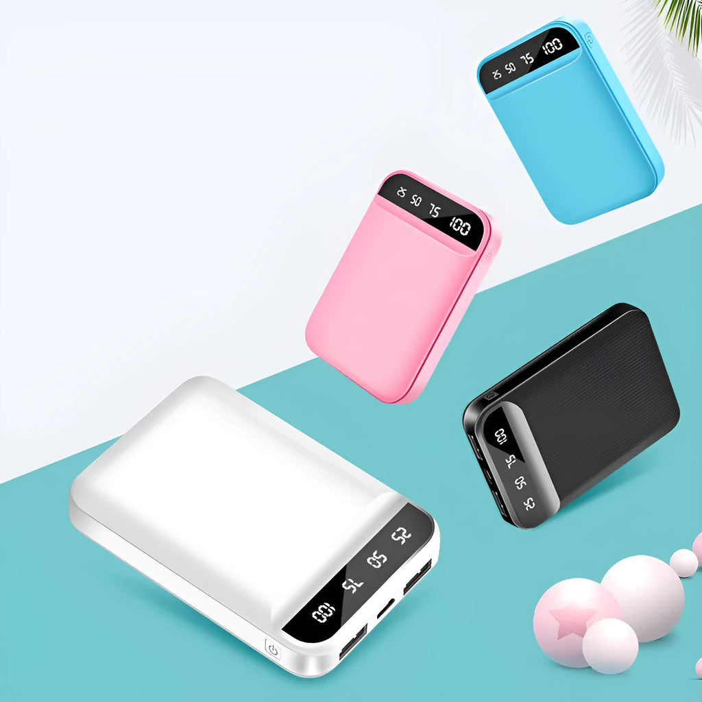 Compact plastic power bank showing multiple colour options and capacity sizes