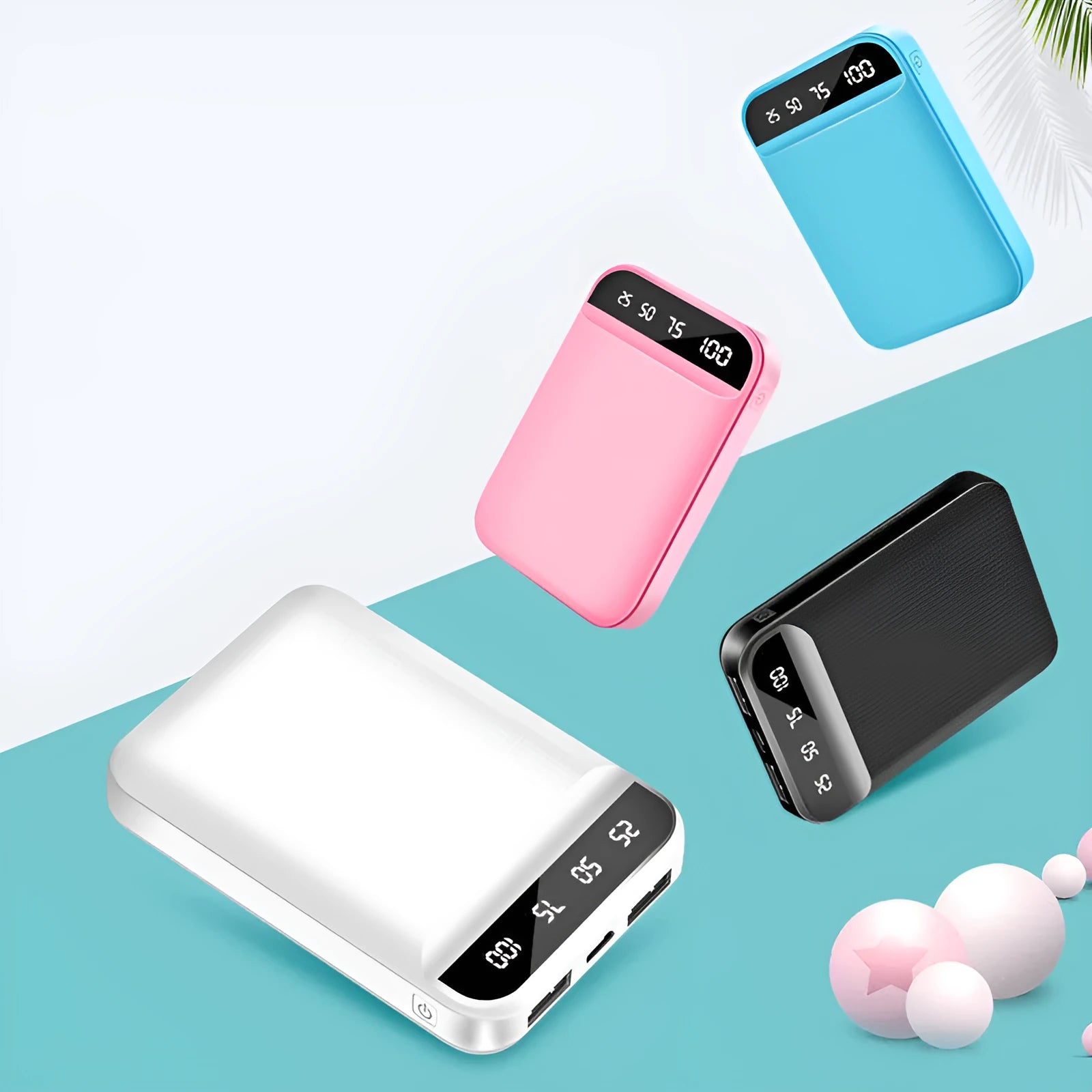 Compact plastic power bank showing multiple colour options and capacity sizes