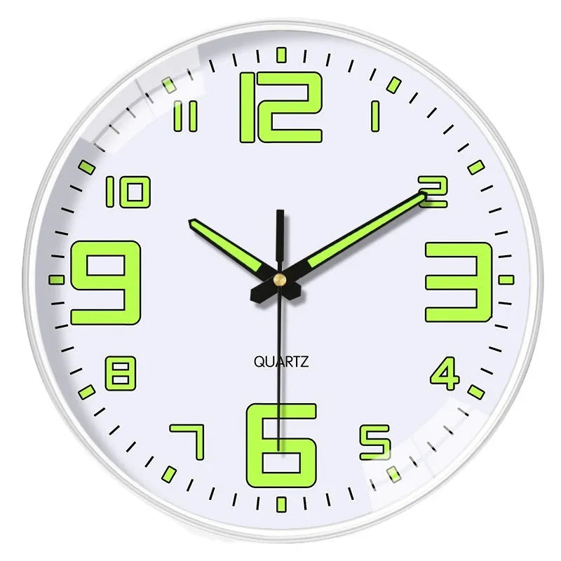 8 inch modern wall clock with luminous numbers on white background