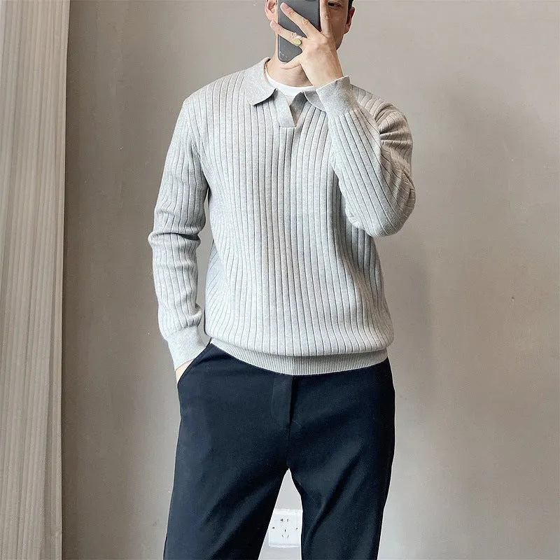 Men's modal rabbit fur knitted pullover sweater in loose fit showing striped lapel detail