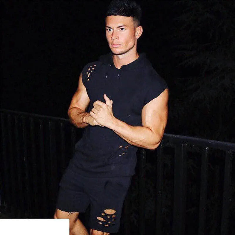 Men's cotton blend training suit set with hooded black sleeveless top and matching trousers