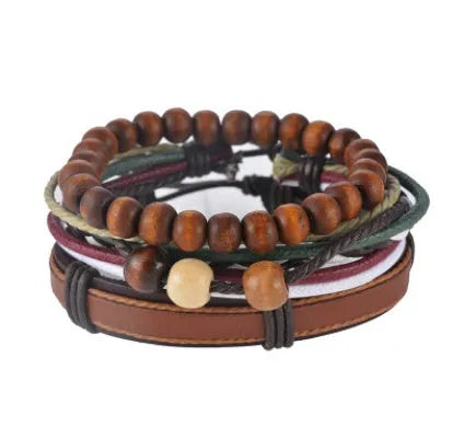 Hand-woven brown leather wrap bracelet with wooden beads on a 6cm adjustable band.