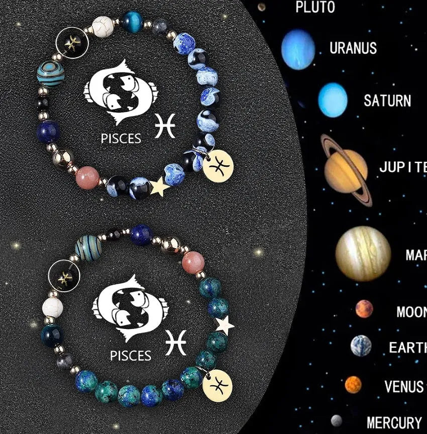 Set of two natural stone beaded zodiac bracelets on a stretch elastic cord.