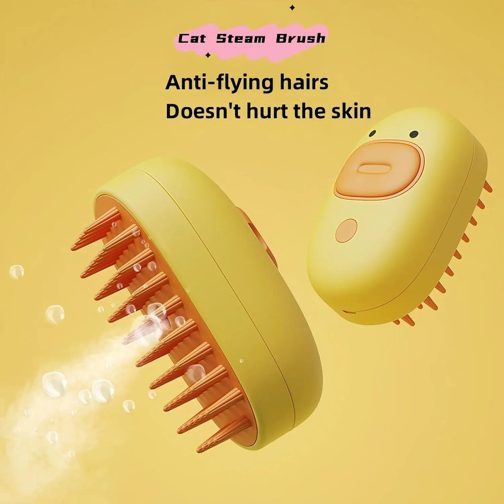 White rechargeable steam pet brush with rubber comb teeth and water tank for grooming dogs and cats.