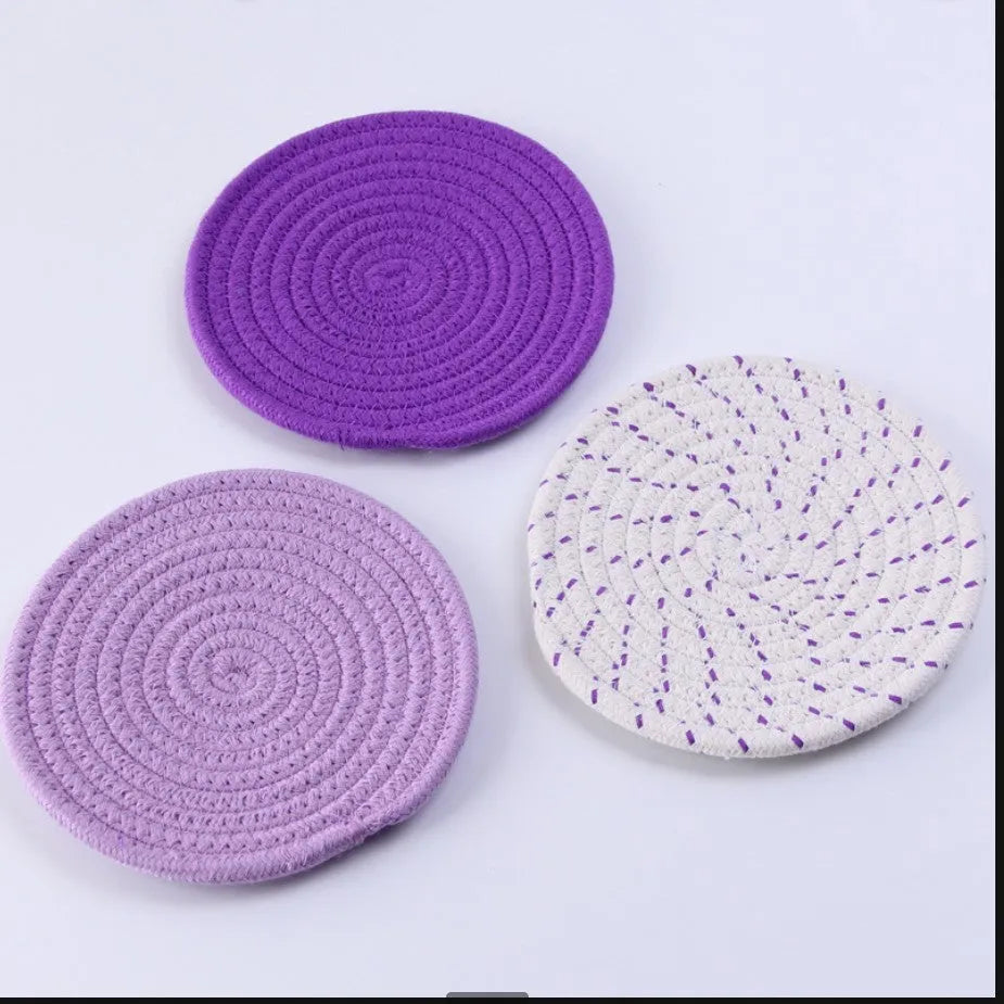 Three round cotton cord coaster placemats in chosen colour with 18cm diameter