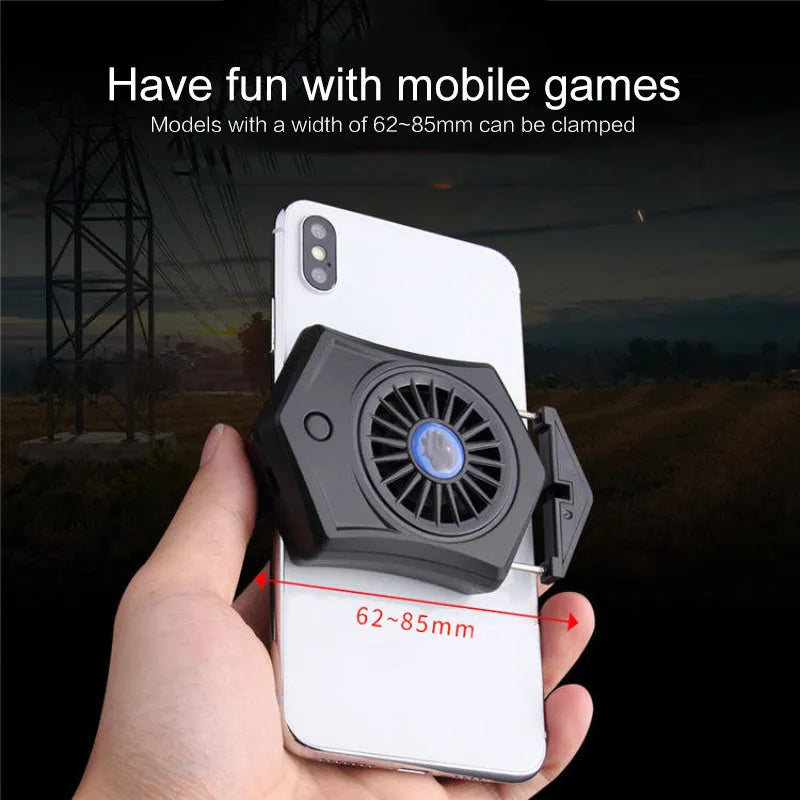 Black and white USB mobile phone radiator with aluminium cooling fins and 30mm fan measuring 66mm square