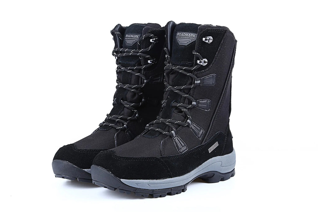 Women's black thermal snow boots with mid-calf height, round toe, and rubber sole.