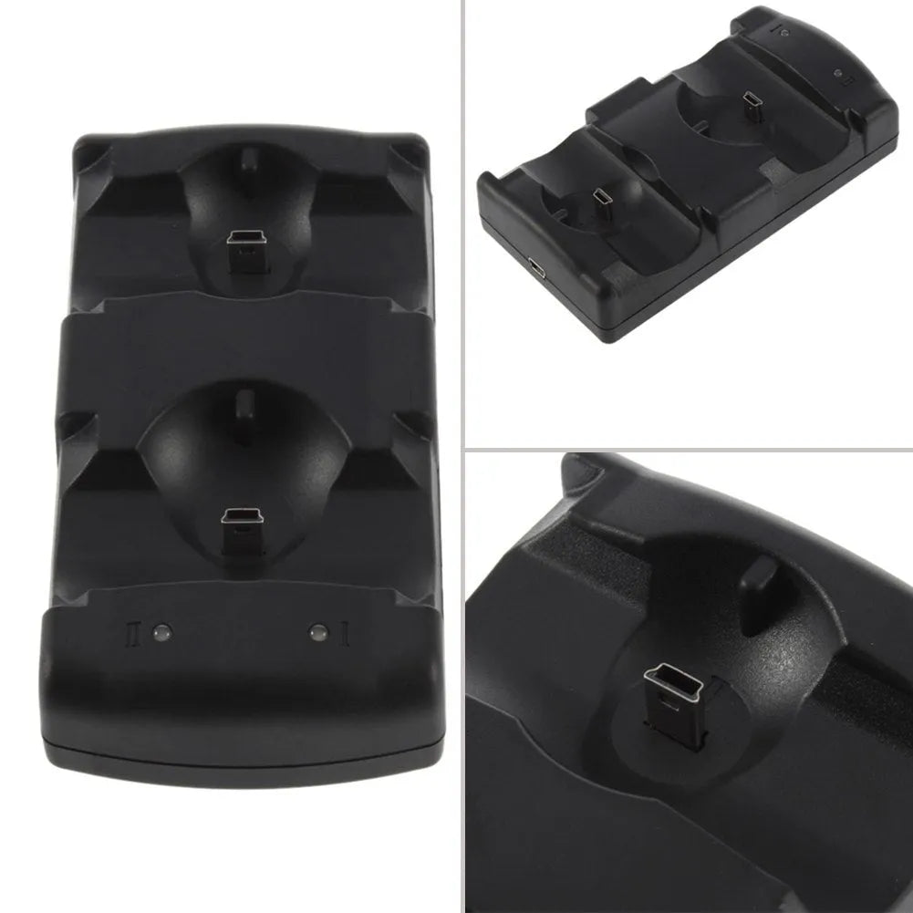 Black PS3 dual charging dock holding two wireless controllers, with a USB cable.