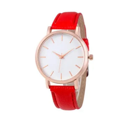 Square-faced quartz watch with a PU leather strap showing colour options on a white background.