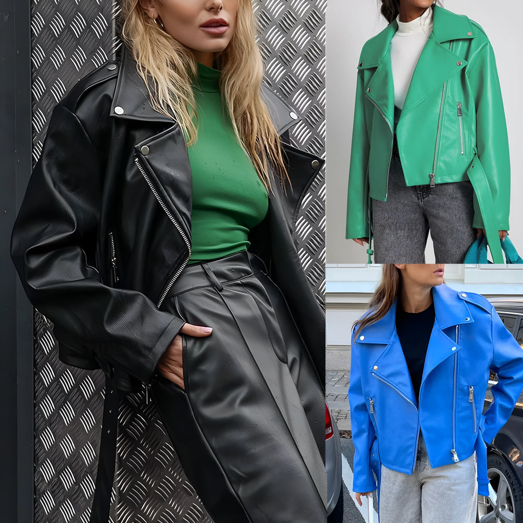 Punk style short jacket with a Peter Pan collar and drawstring waist in black, blue, or green.