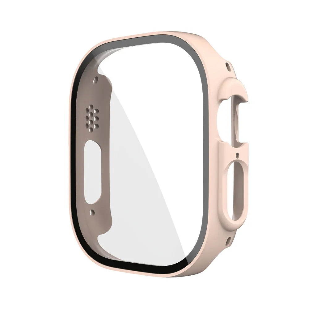 PC tempered film replacement case for Apple Watch in various colours and sizes on display.