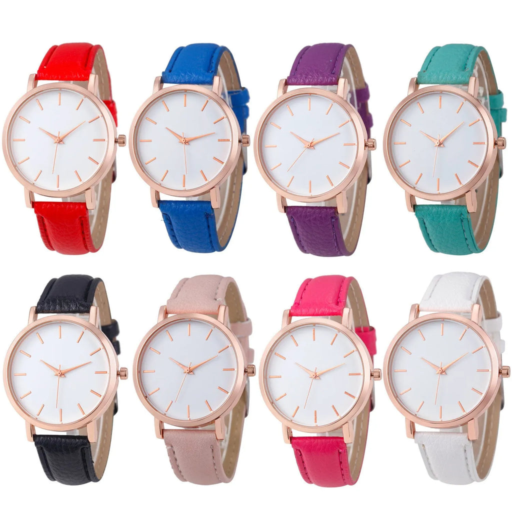 Square-faced quartz watch with a PU leather strap showing colour options on a white background.