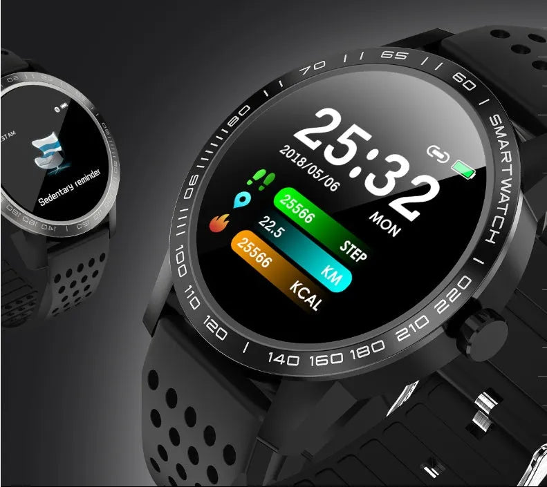Black smart bracelet with a colour screen showing heart rate data on a wrist.