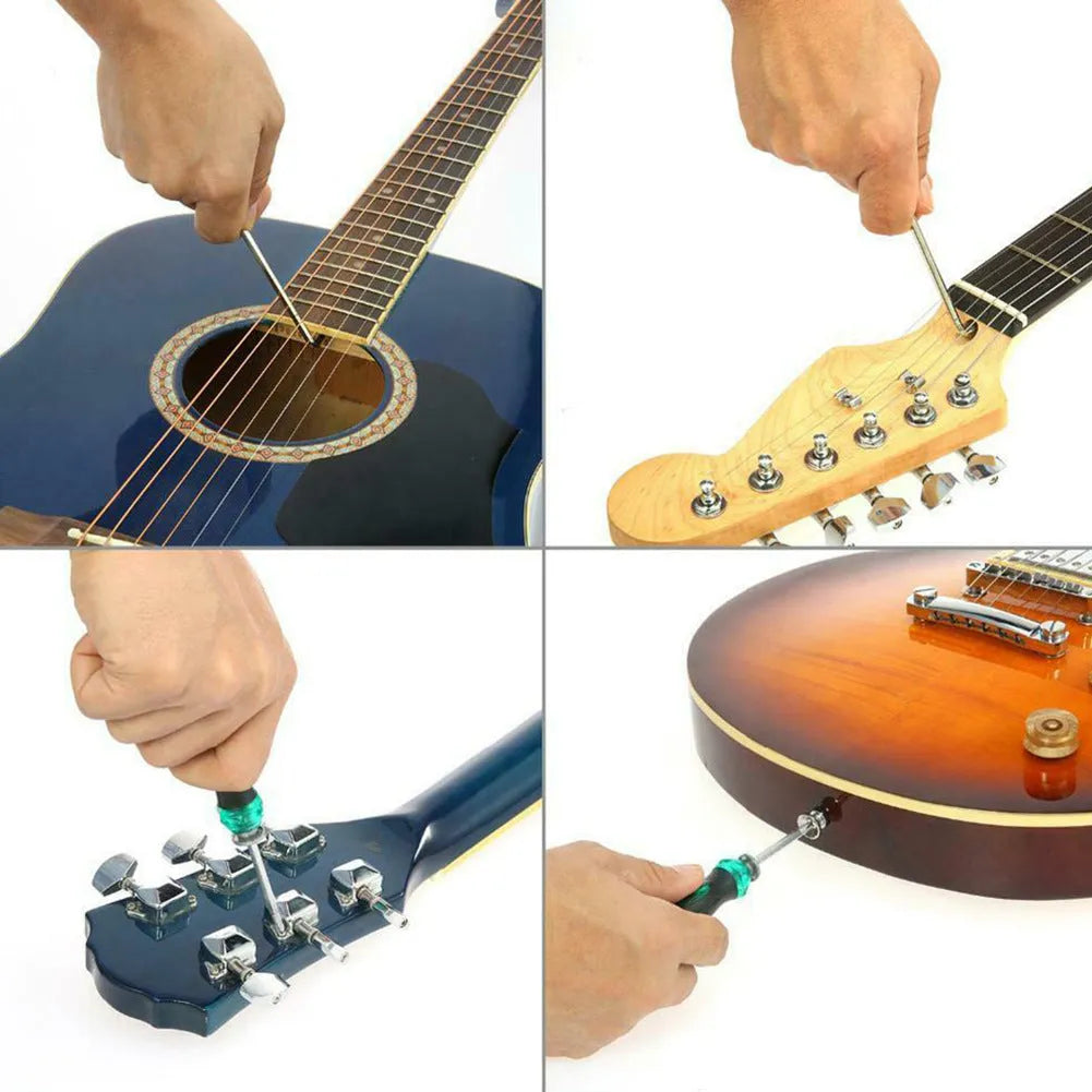 Black plastic case open to show guitar repair and maintenance tools inside.
