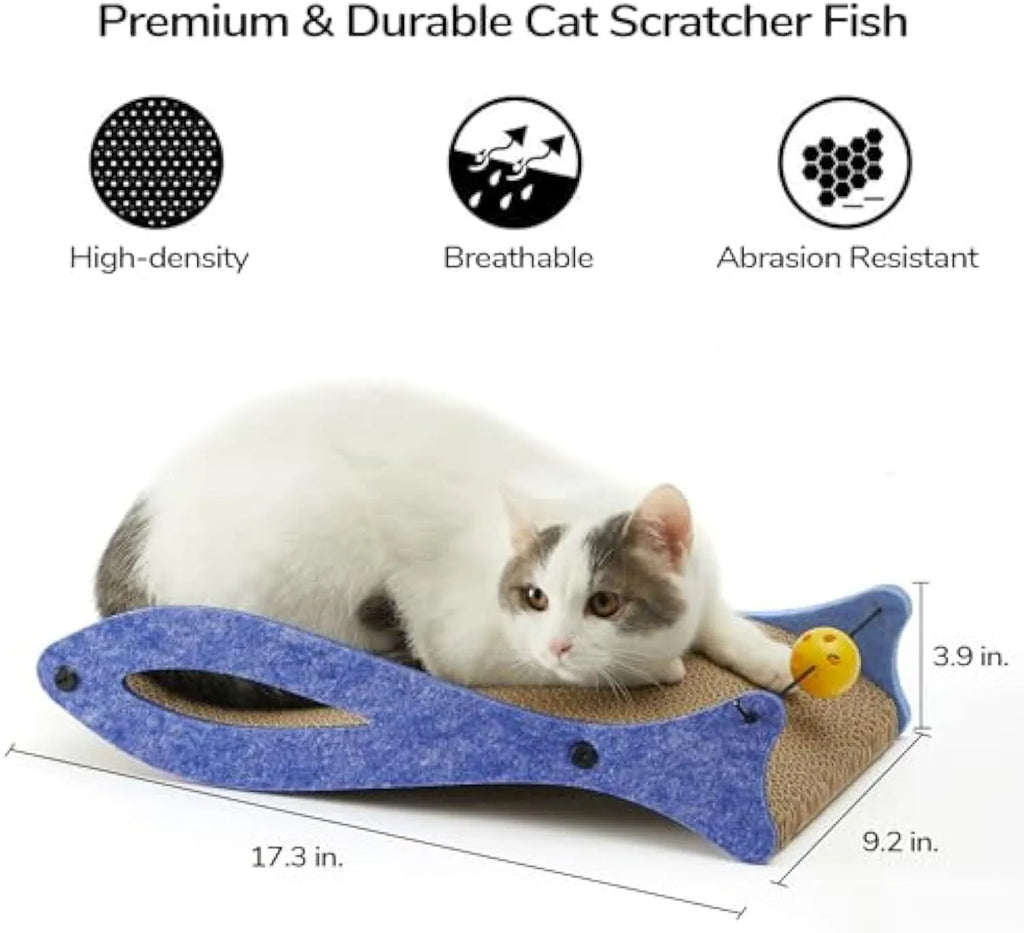 Blue fish-shaped cardboard cat scratcher with bell ball toys on elastic cord
